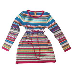 Knit Tunic Dress Womens Small Rainbow Striped Y2K Cinched Waist Long Sleeve